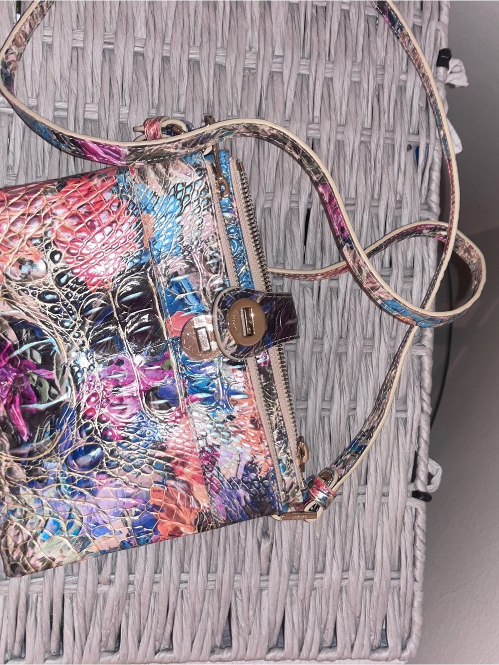 Brahmin Multicolor Floral Embossed Leather Crossbody — Pink Blue Purple Accents - Picture 2 of 4